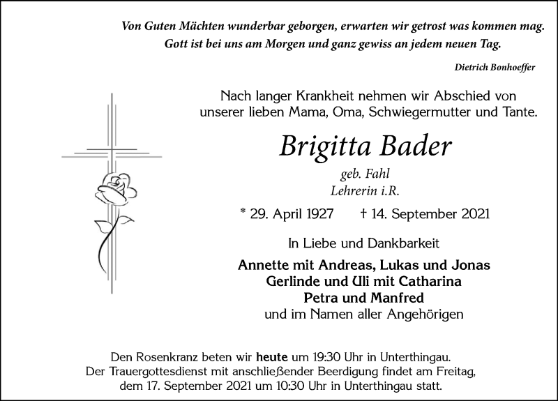  Traueranzeige für Brigitta Bader vom 16.09.2021 aus Allgäuer Zeitung, Marktoberdorf
