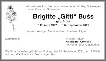 Traueranzeige von Brigitte Buss von Memminger Zeitung