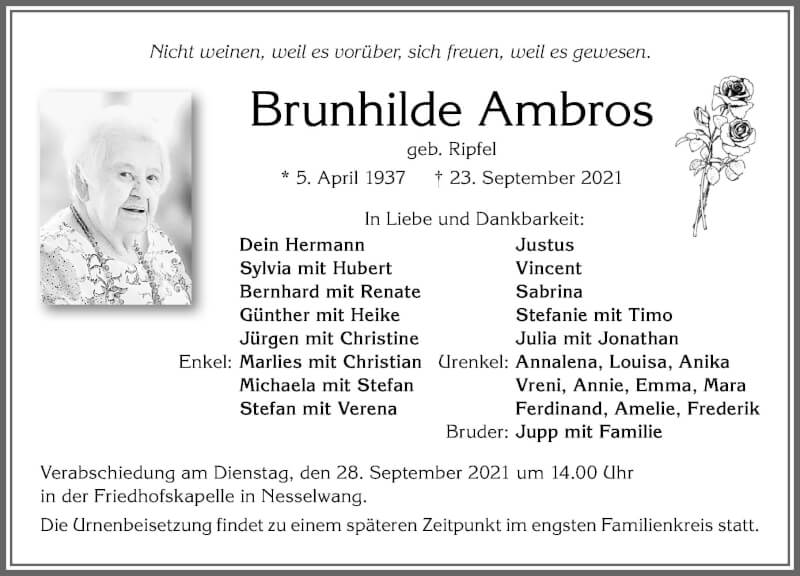  Traueranzeige für Brunhilde Ambros vom 25.09.2021 aus Allgäuer Zeitung, Füssen