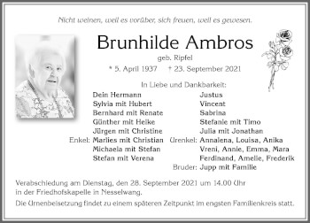 Traueranzeige von Brunhilde Ambros von Allgäuer Zeitung, Füssen