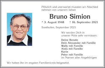 Traueranzeige von Bruno Simion von Allgäuer Anzeigeblatt