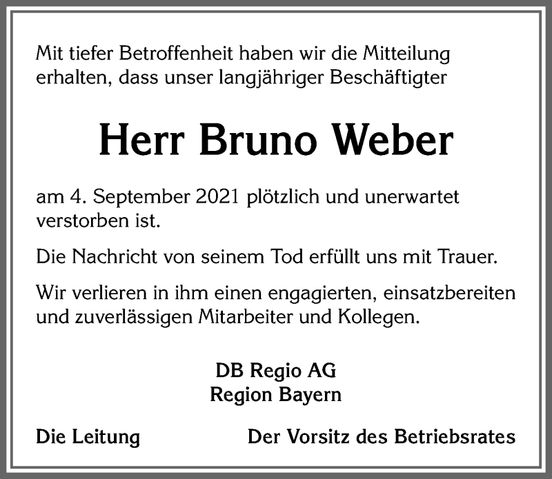  Traueranzeige für Bruno Weber vom 15.09.2021 aus Allgäuer Zeitung, Gesamtausgabe