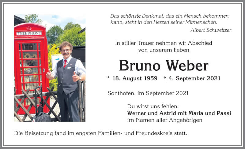  Traueranzeige für Bruno Weber vom 22.09.2021 aus Allgäuer Anzeigeblatt