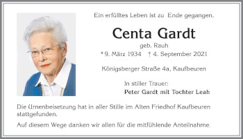 Traueranzeige von Centa Gardt von Allgäuer Zeitung, Kaufbeuren/Buchloe