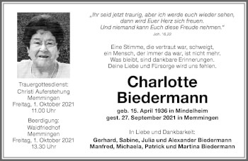 Traueranzeige von Charlotte Biedermann von Memminger Zeitung