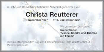 Traueranzeige von Christa Reutterer von Memminger Zeitung