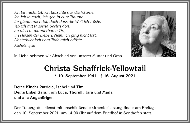  Traueranzeige für Christa Schaffrick-Yellowtail vom 08.09.2021 aus Allgäuer Anzeigeblatt