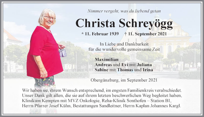  Traueranzeige für Christa Schreyögg vom 25.09.2021 aus Allgäuer Zeitung, Marktoberdorf