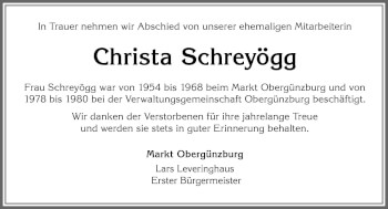 Traueranzeige von Christa Schreyögg von Allgäuer Zeitung, Marktoberdorf