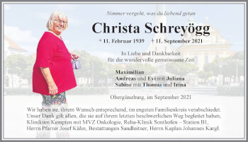 Traueranzeige von Christa Schreyögg von Allgäuer Zeitung, Marktoberdorf