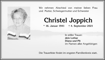 Traueranzeige von Christel Joppich von Allgäuer Anzeigeblatt