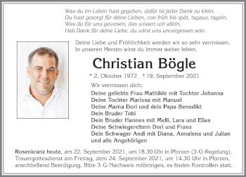 Traueranzeige von Christian Bögle von Allgäuer Zeitung, Kaufbeuren/Buchloe