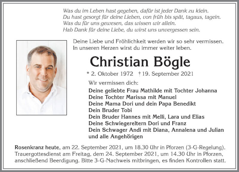  Traueranzeige für Christian Bögle vom 22.09.2021 aus Allgäuer Zeitung, Kaufbeuren/Buchloe