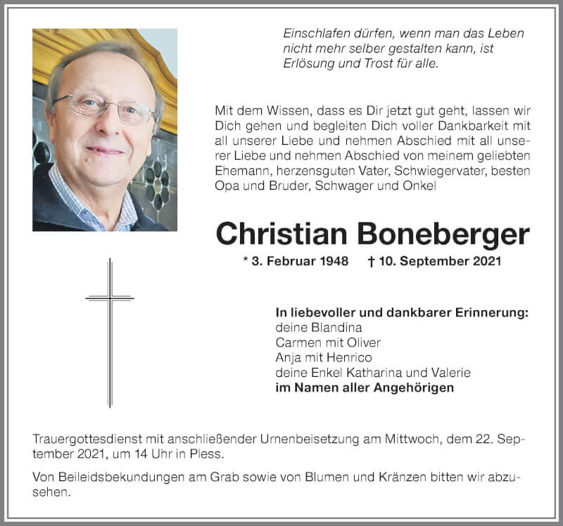  Traueranzeige für Christian Boneberger vom 21.09.2021 aus Memminger Zeitung