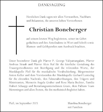 Traueranzeige von Christian Boneberger von Memminger Zeitung