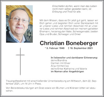 Traueranzeige von Christian Boneberger von Memminger Zeitung