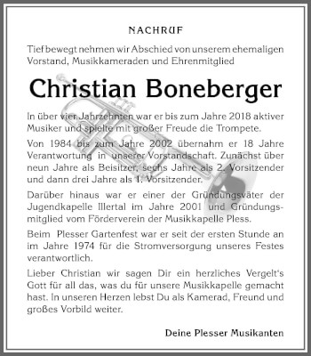 Traueranzeige von Christian Boneberger von Memminger Zeitung