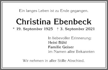 Traueranzeige von Christina Ebenbeck von Allgäuer Anzeigeblatt
