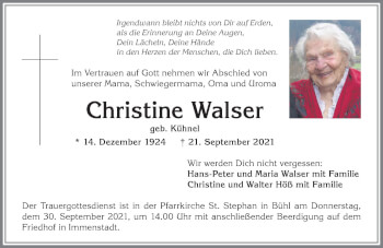 Traueranzeige von Christine Walser von Allgäuer Anzeigeblatt