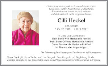 Traueranzeige von Cilli Heckel von Allgäuer Zeitung, Füssen