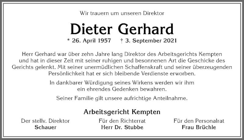 Traueranzeige für Dieter Gerhard vom 18.09.2021 aus Allgäuer Zeitung,Kempten