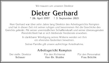Traueranzeige von Dieter Gerhard von Allgäuer Zeitung,Kempten
