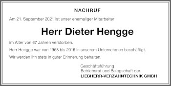 Traueranzeige von Dieter Hengge von Memminger Zeitung