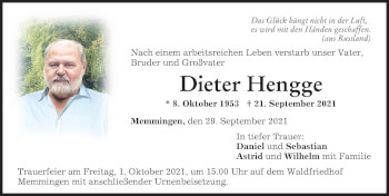 Traueranzeige von Dieter Hengge von Memminger Zeitung