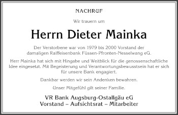 Traueranzeige von Dieter Mainka von Allgäuer Zeitung, Füssen