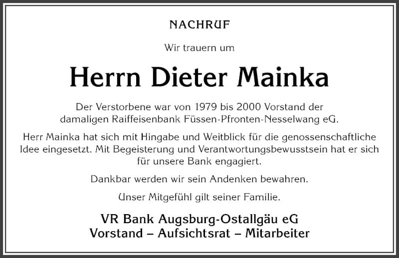  Traueranzeige für Dieter Mainka vom 17.09.2021 aus Allgäuer Zeitung, Füssen