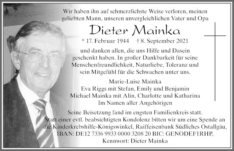  Traueranzeige für Dieter Mainka vom 17.09.2021 aus Allgäuer Zeitung, Füssen