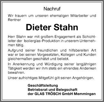 Traueranzeige von Dieter Stahn von Memminger Zeitung