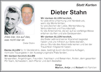 Traueranzeige von Dieter Stahn von Memminger Zeitung