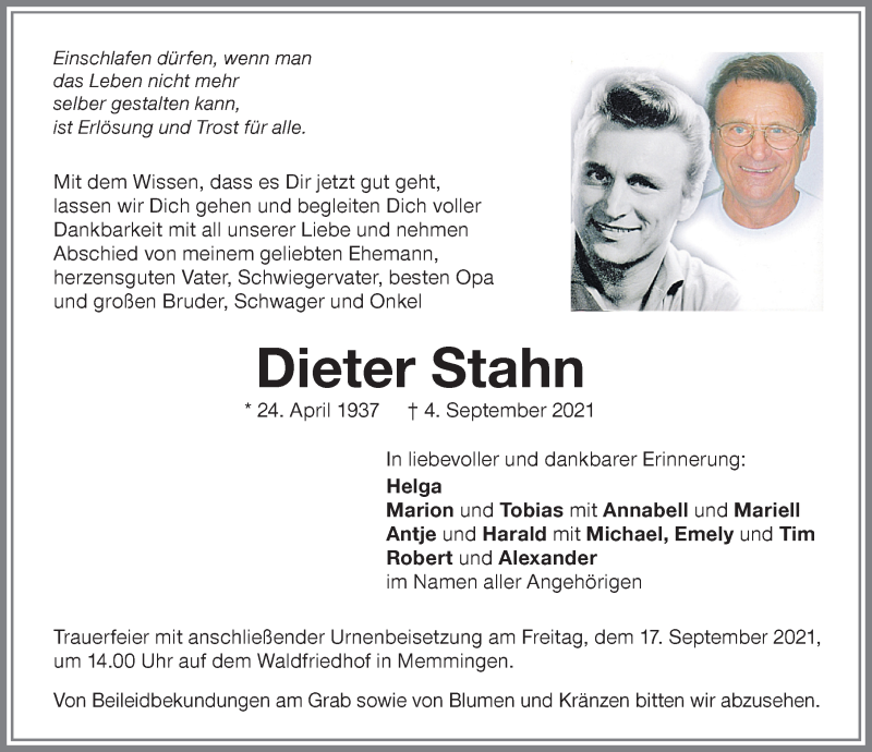  Traueranzeige für Dieter Stahn vom 11.09.2021 aus Memminger Zeitung