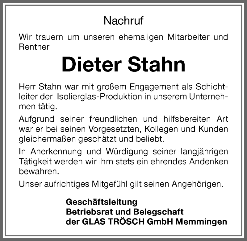  Traueranzeige für Dieter Stahn vom 16.09.2021 aus Memminger Zeitung