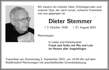 Traueranzeige von Dieter Stemmer von Memminger Zeitung