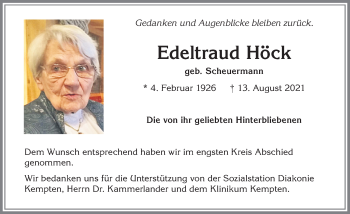 Traueranzeige von Edeltraud Höck von Allgäuer Zeitung,Kempten