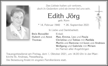 Traueranzeige von Edith Jörg von Allgäuer Zeitung, Füssen