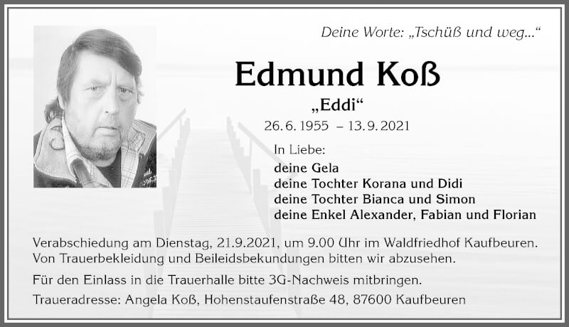  Traueranzeige für Edmund Koß vom 18.09.2021 aus Allgäuer Zeitung, Kaufbeuren/Buchloe