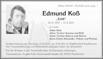 Traueranzeige von Edmund Koß von Allgäuer Zeitung, Kaufbeuren/Buchloe