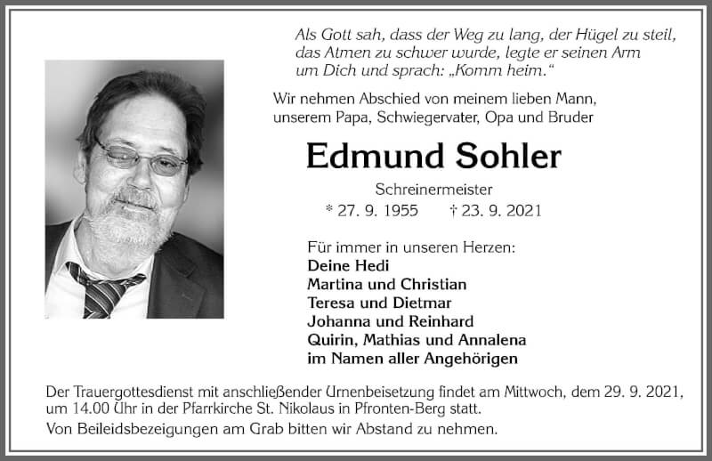  Traueranzeige für Edmund Sohler vom 27.09.2021 aus Allgäuer Zeitung, Füssen