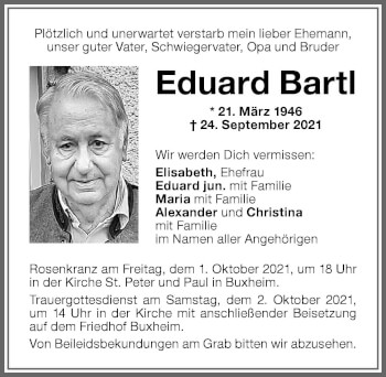 Traueranzeige von Eduard Bartl von Memminger Zeitung