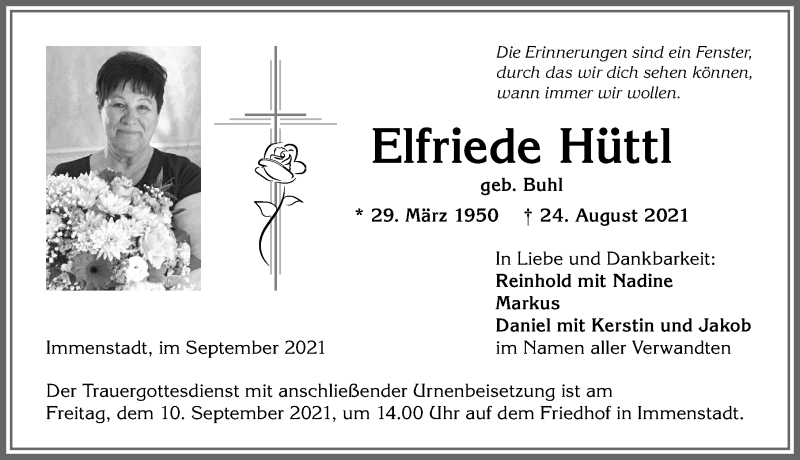  Traueranzeige für Elfriede Hüttl vom 04.09.2021 aus Allgäuer Anzeigeblatt