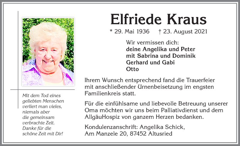  Traueranzeige für Elfriede Kraus vom 04.09.2021 aus Allgäuer Zeitung,Kempten