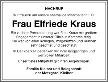 Traueranzeige von Elfriede Kraus von Allgäuer Zeitung,Kempten