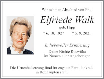 Traueranzeige von Elfriede Walk von Allgäuer Zeitung, Füssen