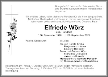 Traueranzeige von Elfriede Wörz von Memminger Zeitung