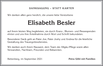 Traueranzeige von Elisabeth Besler von Allgäuer Anzeigeblatt