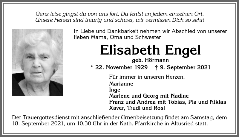  Traueranzeige für Elisabeth Engel vom 15.09.2021 aus Allgäuer Zeitung,Kempten