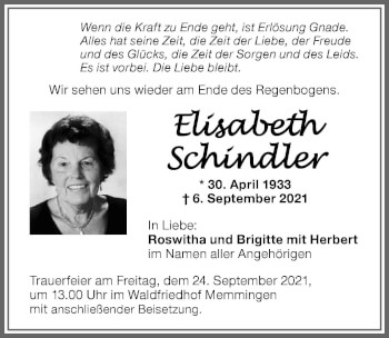 Traueranzeige von Elisabeth Schindler von Memminger Zeitung